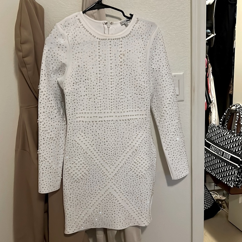 Fashion Nova white with pearls and gem dress L